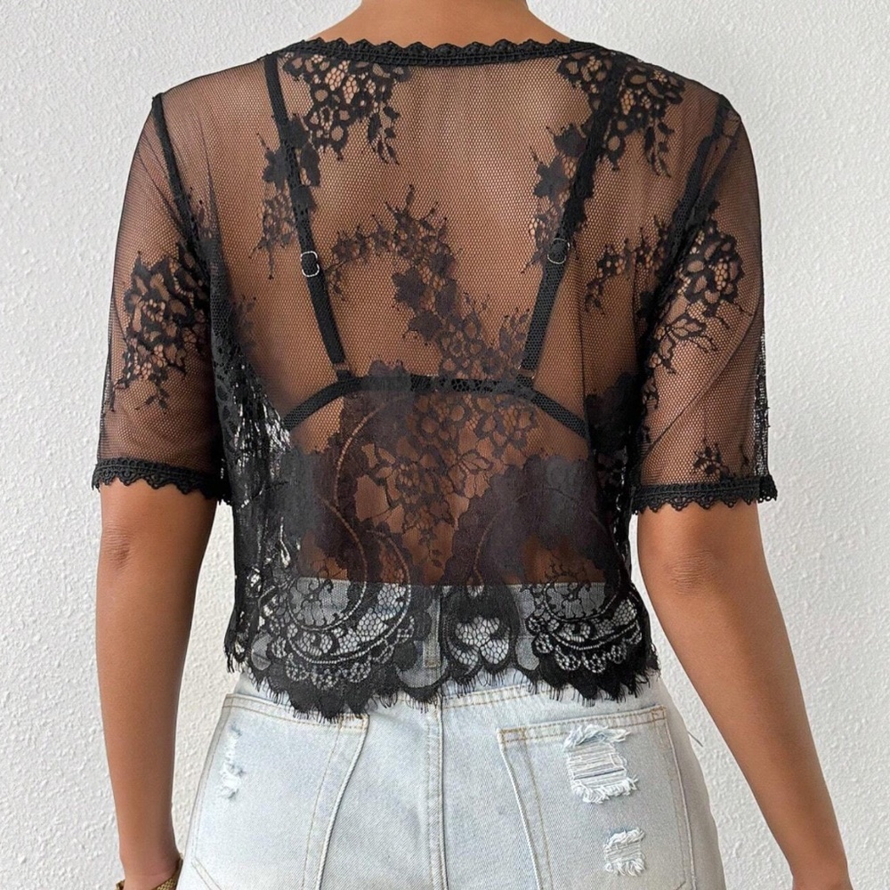 Black Floral Semi Sheer Short Sleeve Lace Top - Picture 2 of 6